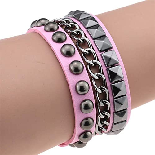 MNSYD Bracelet Large en Cuir Véritable avec Rivets Wrap Unisexe Style Punk Rock Rétro Multi Cercle Unisexe Coeur Chaîne en Cuir Véritable pour Femmes Hommes Famille Amis,Rose