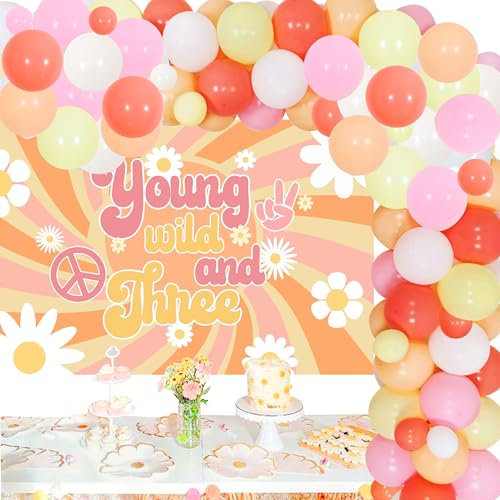 Cheereveal Groovy Party-Dekorationen zum 3. Geburtstag, junge und wilde Dekorationen mit Hintergrund, Retro, Hippie, Boho, Gänseblümchen, Blume, 3. Geburtstag, Ballongirlande, Kit