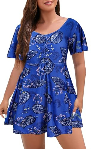 ECUPPER Womens One Piece Swimsuit with Sleeves Plus Size Swim Dress Modest Tummy Control Skirt Swimming Costume Built in Shorts