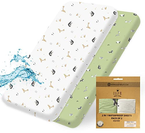 Lilly B. NextTo Me Crib Sheet - Organic Cotton Pack of 2 Waterproof Cot Sheets 120x60 Fitted - Use Instead of Mattress Protector Compatible with, Next to Me Crib, All Bedside Cribs.