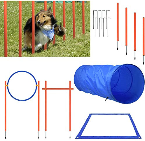 AufuN Agility Ausrüstungs Set für Hunde, Training Hindernisse mit Hundetunnel,Geflochtene Stangen, Springring, Hürdenstange, Verstellbare Höhe, Konische Fässer inkl. Tragetasche