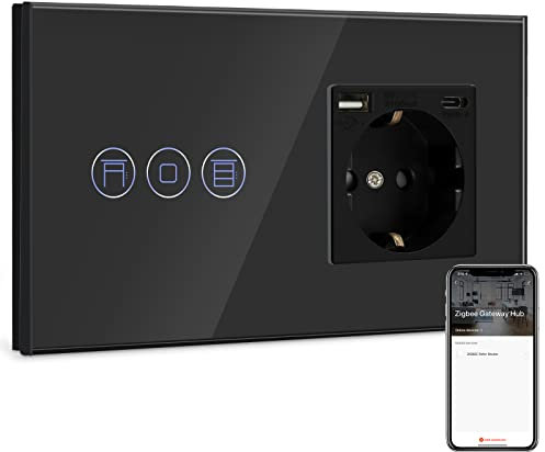 BSEED Enchufe Normal con Zigbee Interruptor de Persianas,Compatible con Alexa y Google Home,Control de APP,Schuko Enchufe con 1 Puerto Tipo C y 1 Puerto USB Negro(Zigbee Gateway Hub Necesito)