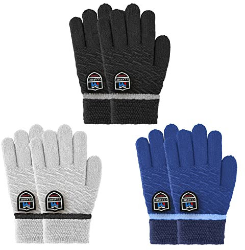 Migliore Wear 3 Paar Winter Kinder Handschuhe, Vollfinger Handschuhe für Jungen Mädchen, Warme Strickhandschuhe Kinder Stretch Handschuhe für 6-10 Jahre