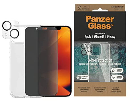 Panzer Glass iPhone 14 6,1 Zoll, Bundle Sichtschutz Glas + Hülle transparent, antibakteriell, Anti-Fingerabdruck