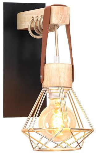 iDEGU Wandlampe Innen Vintage Wandleuchte im Industrial Design aus Holz und Eisen 1-flammig Retro Lampe mit Käfig Gold Schwarz Einstellbare Hängelampe für Wohnzimmer Schlafzimmer Küche Flur (1 Stück)