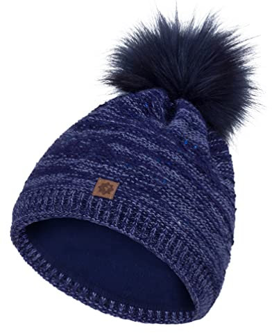 Compagno Wintermütze Strickmütze Damen Bommelmütze Fleece Futter Beanie Mütze 88, Farbe:Dunkelblau