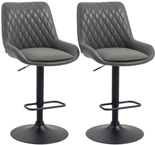 HOMCOM Breakfast Bar Stools Set of 2 with 51x40cm Wide Seat, Height Adjustable Kitchen Counter Chairs, Retro Swivel Upholstered Barstools with Back, Footrest and Steel Base, Dark Grey