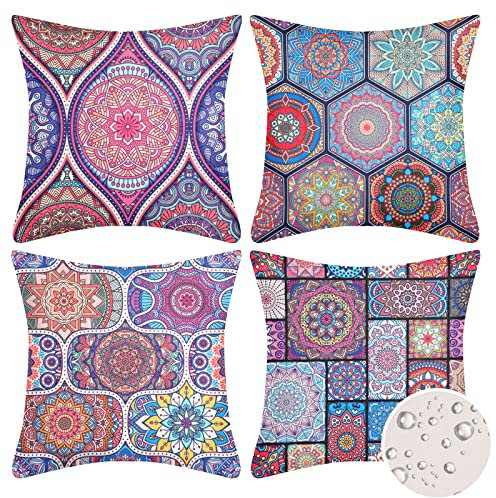 Velvhom Sofakissen Kissenbezug Wasserdicht 50 x 50cm Gartenmöbel Kissenhüllen Blumen Mandala Boho Hippie Outdoor Dekokissen Bezüge für Garten Terrasse Bank Bed Büro Cafe Büro,4 Stück