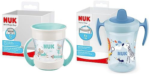NUK Trainer Cup bicchiere antigoccia | Beccuccio morbido e a prova di perdite | 6+ mesi | Senza BPA | 230ml | zebra blu & Mini Magic Cup bicchiere antigoccia | Bordo 360° anti-rovesciamento | 6+ mesi