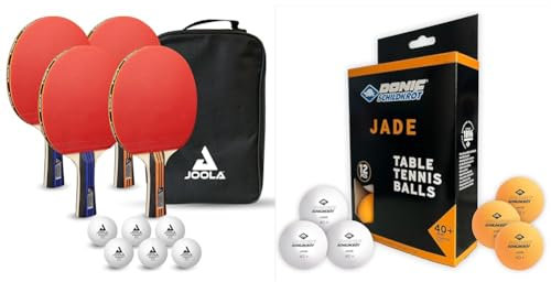 JOOLA Tischtennisset Family Advanced 4 Tischtennisschläger + 6 Tischtennisbälle 3Star + Tragetasche & Schildkröt 618045 Unisex – Erwachsene Donic Tischtennisball Jade, Poly 40+ Qualität