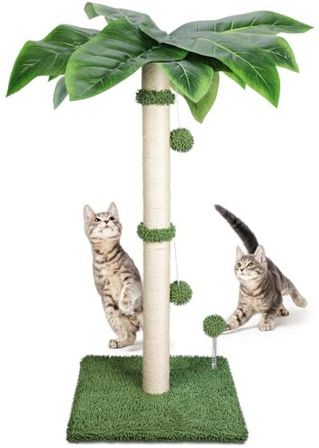 HEVOL Rascadores para Gatos, 85cm Rascador para Gatos de Cuerda Sisal, Torre Gatos con Base Blanda Cuadrada, Arbol Gatos Interior con 2 Bola Colgante y 1 Pelota de Juguete Primavera, Verde + Blanco