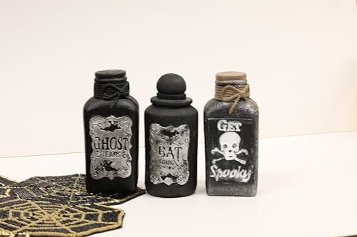Fyne-Finds Halloween Cement Potion Scary Bottles Party Decor Ornament Black 15cm Set of 3