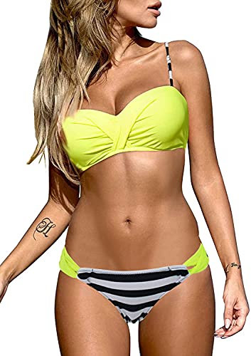 Dokotoo Damen Bikini Set Sexy Push Up Badeanzug Zweiteilige Bademode Swimsuit Gelb Streifen, L