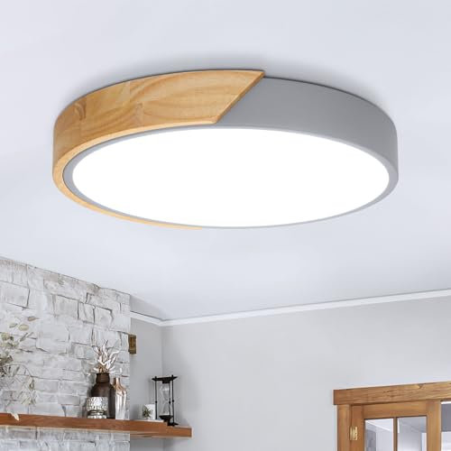 Kimjo LED Deckenleuchte Holz Rund - Grau Deckenlampe Holz 24W Kaltweiß 6000K - Deckenlampe Wohnzimmer 30cm für Schlafzimmer Küche Korridor Verandas