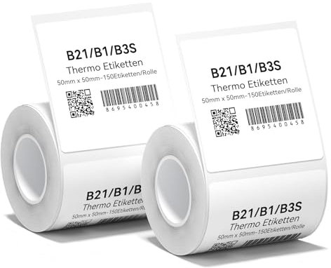 2 x Etiketten Kompatibel mit NIIMBOT B1 B21 B3S Etikettendrucker, 50 x 50mm Etikettierpapier, Schwarzer Druck auf Weißem Etikettierpapier, 150 Etiketten/Pro Rolle (Weiß)