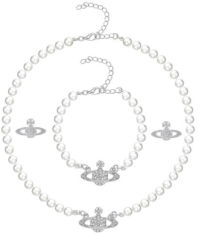 NHPY 3 Stück Perlenkette Planet, Armbänder, Perlenkette Mit Anhänger, Jewelry, Ohrringe, Planetkristall Strass, Saturn Faux Perle Choker Halsketten,Für Frau Freundin Mutter Tochter Geschenk(Weiße)