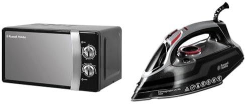 Russell Hobbs RHMM701B 17 Litre 700 W Black Solo Manual Microwave with 5 Power Levels, Ringer & Timer, Defrost Setting, Easy Clean & Powersteam Ultra 3100 W Vertical Steam Iron 20630 - Black & Grey
