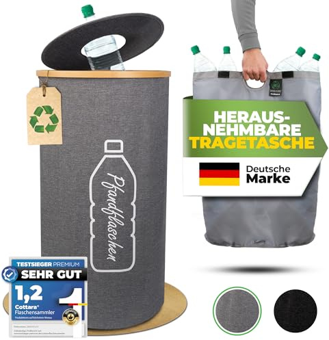 COTTARA® Pfandflaschen Sammelbehälter mit Bambusrahmen - extra stabil 80 L | Flaschensammler Leergut Behälter mit Tragetasche - Praktischer Pfandbehälter, Pfandsammler Pfandflaschen Aufbewahrung grau
