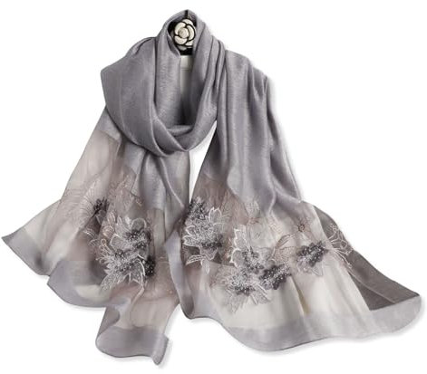 LumiSyne Seidenschal Chiffon Schal Für Damen Perlen Stickerei Blumen Muster Transparenter Tüll Leichte Weich Lange Halstücher Sonnenschutz Stola Durchsichtiger Schal Frühling Herbst