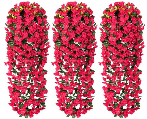 LOMOHOO Artificial Fake Hanging Flowers Plants for Outdoor Spring Decoration,3PCS Faux Silk Morning Glory Vines UV Resistant for Outside Home Indoor Planter Porch Patio Balcony (Rose Red, 3pc)