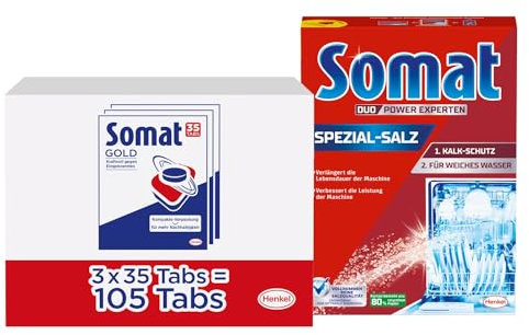 SOMAT Tabs 3x35(105) AW Gold, Geschirrspül Tabs für sauberes Geschirr auch bei niedrigen Temperaturen, Extra-Kraft gegen Eingetrocknetes + Somat Duo Power Experten Spezial-Salz 1,2kg