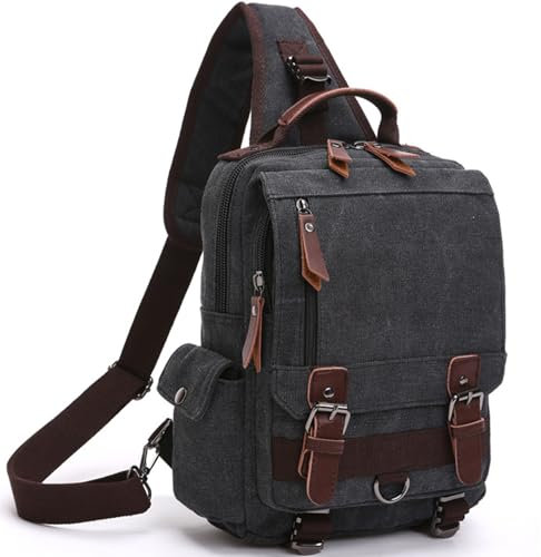 Wesoke Canvas Umhängetasche Messenger Bag, Große Crossbody-Schultertaschen Brusttasche für Männer Frauen, Vintage schwarzer Outdoor-Schulter-Crossbody-Rucksack Geldbörse Reise-Wanderrucksack