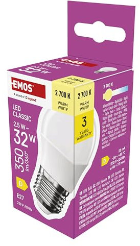 EMOS LED Lampe Mini Globe, 2,5W Ersatz für 32W Glühbirne, kleine Birne mit E27 Sockel, Helligkeit 350 lm, Warmweiß 2700 K, 30000 h Lebensdauer, CRI min. 80, 150° Abstrahlwinkel