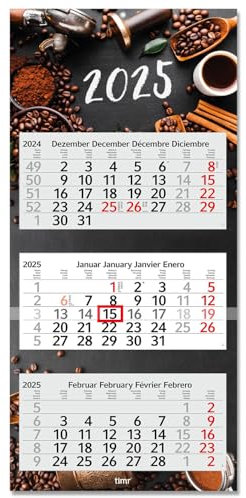Timr 3-Monatskalender 2025 Kaffee I Wandkalender 3 Monate I 33 x 70 cm I mehrsprachig D/GB/F/ES Jahresplaner mit Schieber I Mehrblatt-Kalender Braun Coffee I tr259