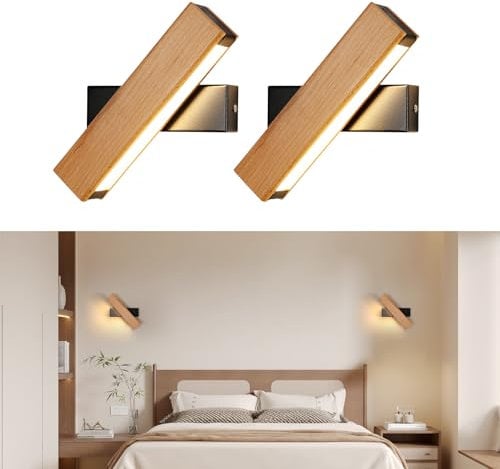 SENQIU 2 Stück Wandleuchte LED Innen, 4W Holz LED Moderne Wandlampe, 360 ° Drehbarer Led Wandbeleuchtung Innen für Schlafzimmer Wohnzimmer Flur Treppe Verwendet, Warmweiß 3000K
