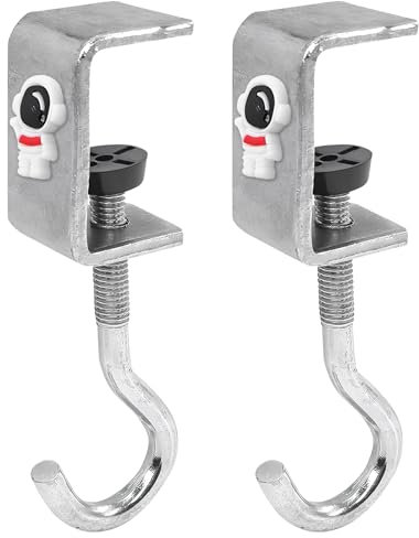 Litinliv Desk Mount Bag Hooks, 2Pcs Portable Bag Holder for Table, Clamp-On Desk Schoolbag Hook, Adjustable Metal Clip Hook, for Headsets, Umbrellas, Backpacks, Hats, Handbags(Silver)