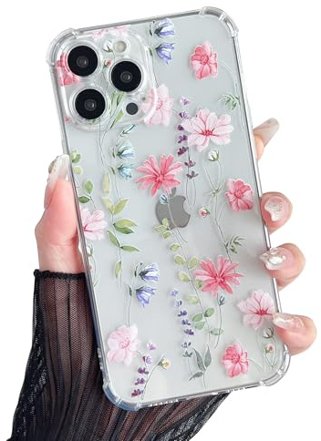 DEFBSC for iPhone 16 Pro Max Case,Clear Cute Floral Pattern,Pink Cosmos | Flower Print Aesthetic Design, Soft TPU Flexible Bumper, for Girls Women, Reinforced Corner Shockproof Protective Phone Case