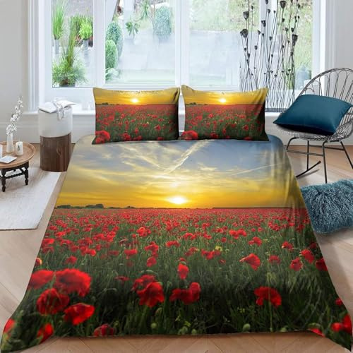 Generisch Mohn Bettwäsche 135x200 Weich Microfaser Bettwäsche-Sets Mohn Bettbezug 3D Bettbezüge mit Reißverschluss und 2 Kissenbezug 80x80 cm, G8019