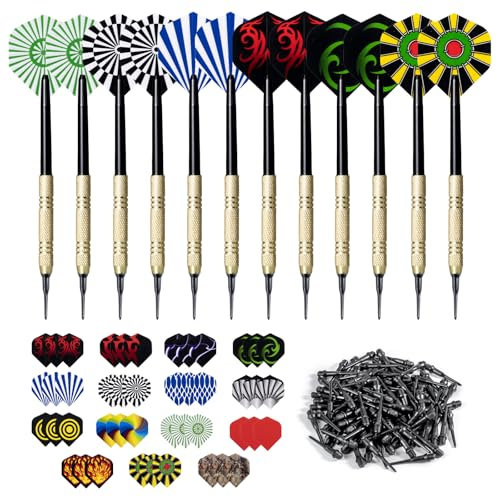 Carehabi Dartpfeile mit Kunststoffspitze-Dartpfeile für elektronische Dartscheibe-12 Stück Softdarts 14g, 45 zusätzlichen Flights 15 Motive mit 100 Kunststoff Dartspitzen Zum Austauschen