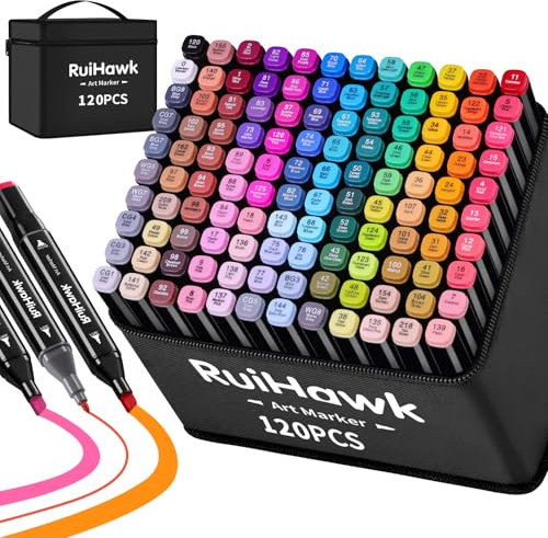 RuiHawk 120+2 Farben Alkohol Stifte Set, Meißel & Feine Verdoppelt Kunst Marker Filzstifte Set, 2 Sekunde Schnell Trocknende Alkohol Marker mit Anti-Seepage Abstandshaltern für Malerei, Design, Manga