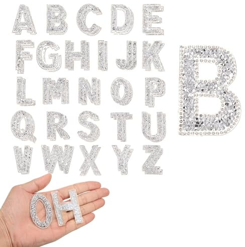 sourcing map 52pcs Pearl Rhinestone Iron on Letter Patches, A-Z Self Adhesive Glittery Rhinestone Alphabet Letter Sticker Appliques for DIY Jackets Hats Clothes Backpack, Silver