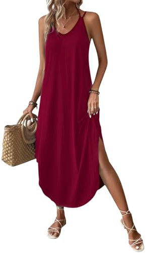Chicrise Sommerkleid Damen Ärmellose V-Ausschnitt Maxikleid Lässig Lang Freizeitkleid Leicht und Luftig Elegant Rot 2X Groß 50-54