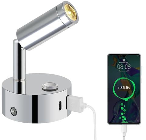 ERWEY 12V Leselampe Wohnmobil, LED Wandleuchte Bettlampe mit Schalter Touch Dimmbar 3000K-6000K,DC 12V-24V Spot Wohnmobilbeleuchtung mit USB A+C-Anschlüssen für Boot Auto Camper Van (Silber)