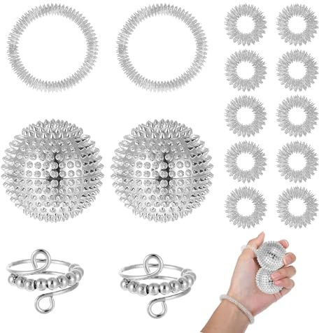 16 Stück Silber Skills Set Borderline Angstzustände Lindern Oder Massage | 2 Anxiety Ring Silber, 10 Akupressur Ring, 2 Akupressur Armband, Zweiteiliger Lgelball, Auf Finger, Handflächen, Füße