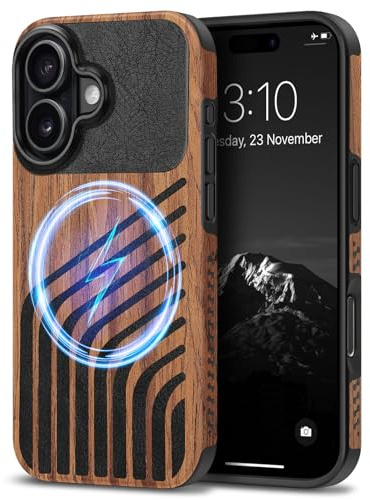 TENDLIN Magnetische Hülle Kompatibel mit iPhone 17 Hülle (Hairline) | Holz und Carbon Textur Design Leder Hybrid Handyhülle (Kompatibel mit MagSafe)