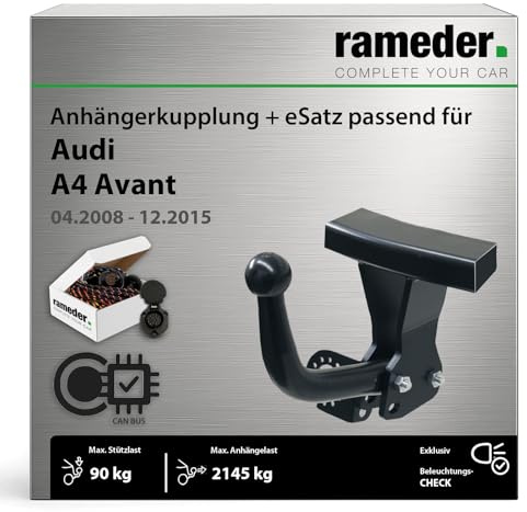 Anhängerkupplung starr Auto Hak passend für Audi A4 Avant Typ 8K/B8 Baujahr: 2008-2015 inkl. 13 poligem spezifischen CAN-Bus Elektrosatz | rameder. Komplettsatz - AH-F20