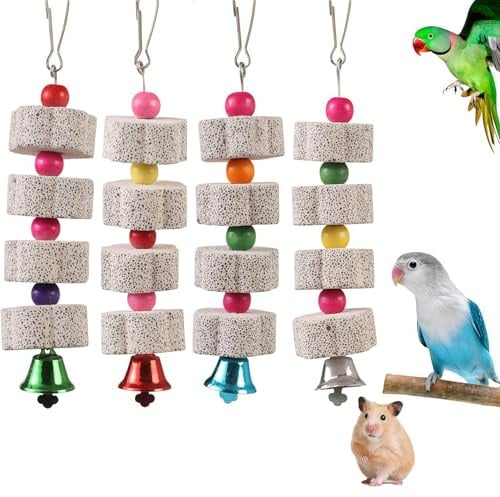 4 Stück Papagei Spielzeug Große Vogel Kauspielzeug, Vogelschnabel-Schleifstein mit Glocke, Mineralstein-Backenzahn-Spielzeug mit Glocke, Kauspielzeug für Papageien, für Kakadu, Sittich, Wellensittich