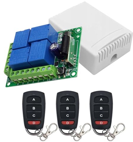 BAIFULAI Receptor de relé inalámbrico: 4 canales 433 MHz RF receptor de relé con 3 transmisores de control por radio, DC 12 V motor mando a distancia interruptor para motor, puerta de garaje, luz