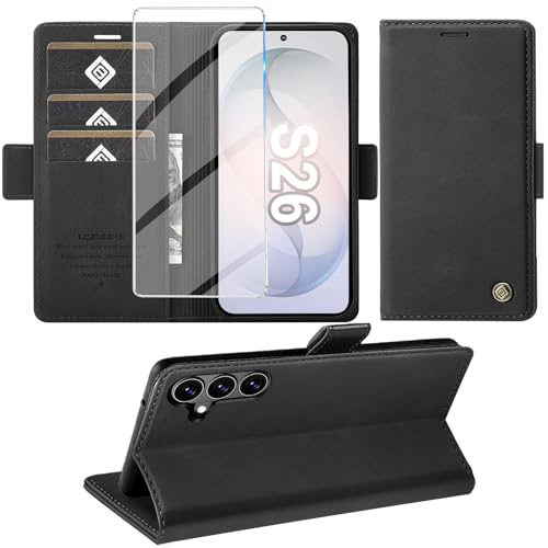 Giyer Handyhülle für Samsung Galaxy S26 Hülle mit Schutzfolie, Schutzhülle PU Leder Wallet Flip Case Standfunktion Kartenfach Stoßfest Klapphülle für Samsung S26 5G Cover Tasches (Schwarz)