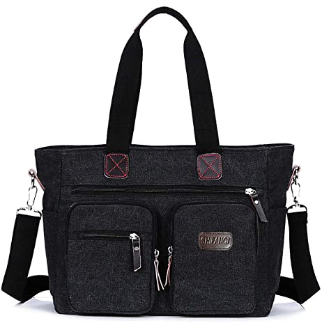 SHIFANQI Canvas Tote Bag for Women Men Work, Large Shoulder Handbag with 15.6” Laptop Compartment & Zipper Pockets, Heavy Duty Crossbody Shoulder Bag for Office Travel Shopping Casual Use (Black)