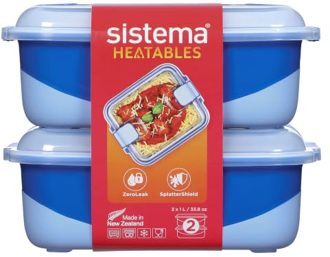 Sistema 100% Leakproof Heatables Microwave Food Container with Easy-Open Vents, Dishwasher Safe,1L Rectangle, Lazuli, 2Pk