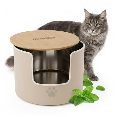 MichiCat Arenero Gato Acero Inoxidable SteelNest XXL, Arenero Gatos Cubierto con Tapa de Bambú, Facil limpieza, Antibacteriano, Sin Olores, Alternativa Premium a Arenero Gatos autolimpiable o Plástico