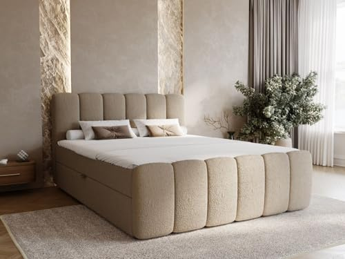GRAINGOLD Cloud Bett, Boxspringbett mit Bettkasten, Polsterbett mit Bonell-Matratze, Bouclé-Stoff, mit Topper, mit Kopfteil (Braun, 160x200)