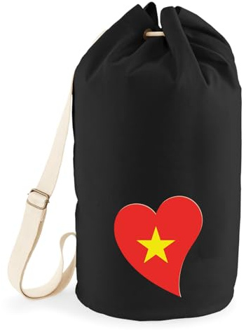 Huuraa Seesack Vietnam Flagge Herz Geschenk | Tasche 20 Liter Strandtasche Black Baumwolle Rucksack Geschenkidee Schwarze Sporttasche Duffle Bag mit Kordelzug Verschluss