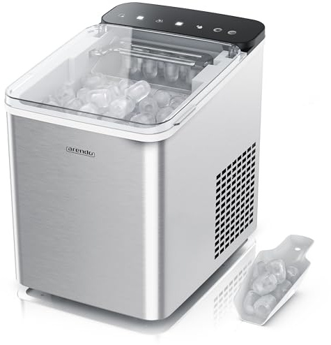 Arendo – Eiswürfelmaschine Edelstahl – Ice Cube Maker – 150 W – 12 kg Eis pro Tag – Automatische Abschaltfunktion – Warnfunktion – kleine Eiswürfel oder große Eiswürfel – leiser Betrieb