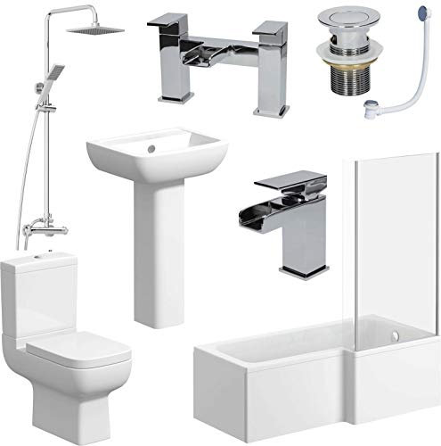Complete Bathroom Suite Package L Shaped Right Hand 1700mm Bath 5mm Screen Shower Basin Pedestal Toilet Tap and Waste Set